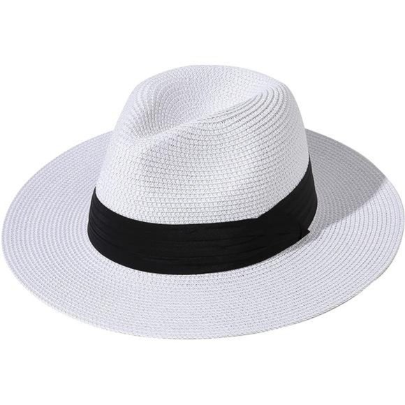 Lanzom Women Wide Brim Straw Panama Roll up Hat Fedora Beach Sun Hat UPF50+ main image 6